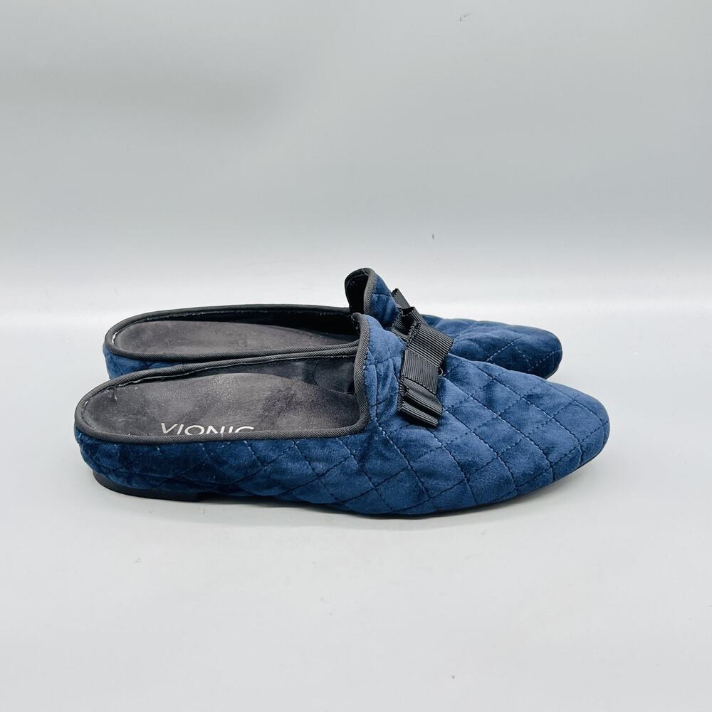 Vionic Shoes Womens 6 Blue Velour Eloise Quilted Bow Mule Slippers Indoor Cozy